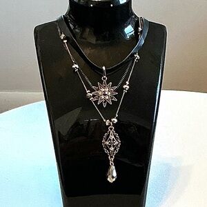 Boho Beaded Gunmetal & Leather Choker Triple Strand Necklace